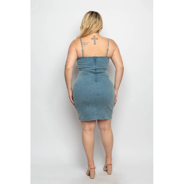 PLUS SIZE DENIM SWEETHEART NECK BUSTIER MINI DRESS