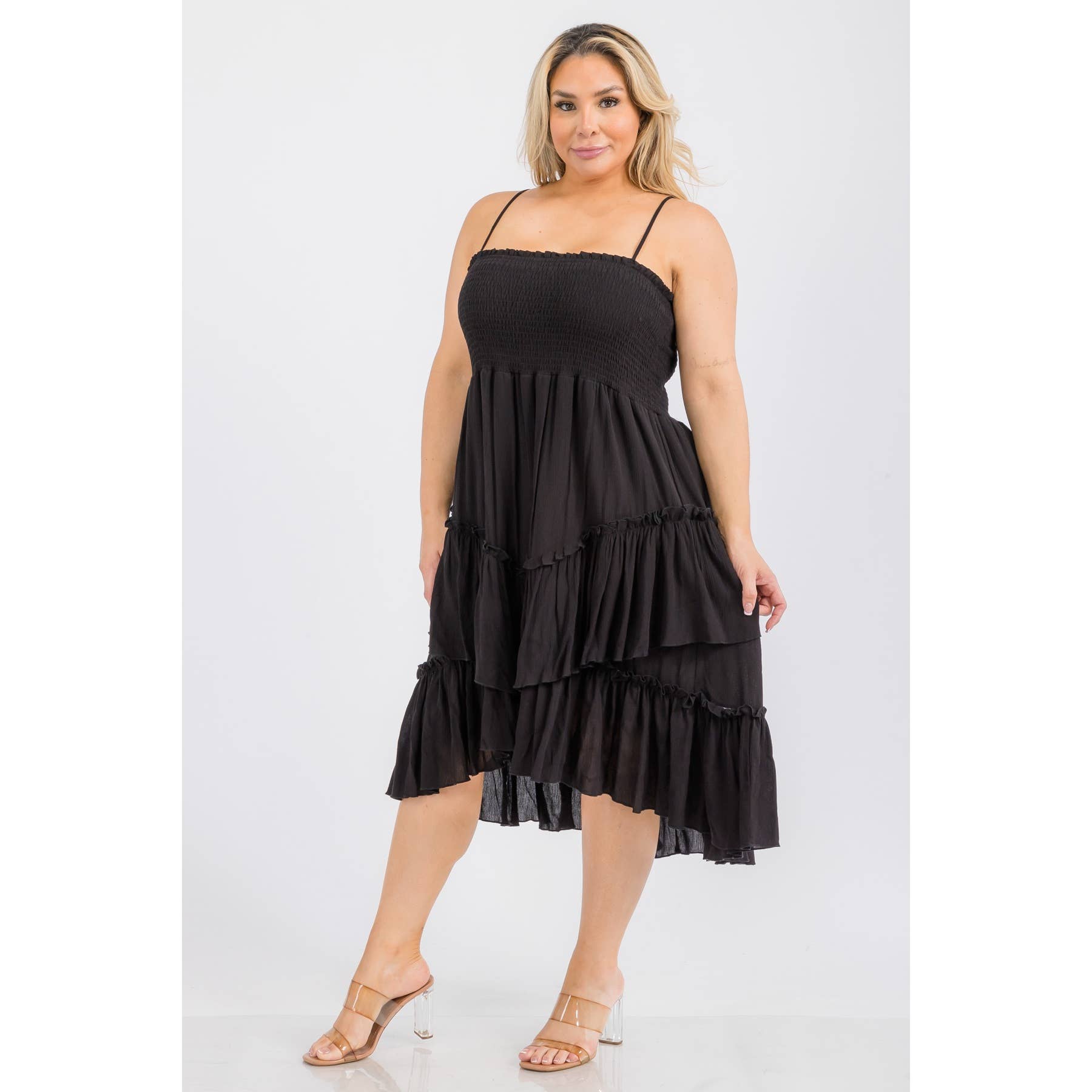 PLUS SIZE SQUARE NECK SMOCKED BODICE TIERED RUFFLE HEM MIDI