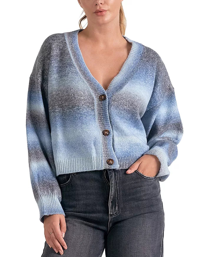 Blue Black Spacedye V-Neck Cardigan Sweater