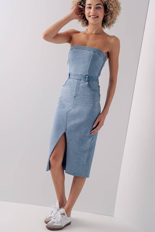 STRAPLESS DENIM MIDI DRESS: BLACK
