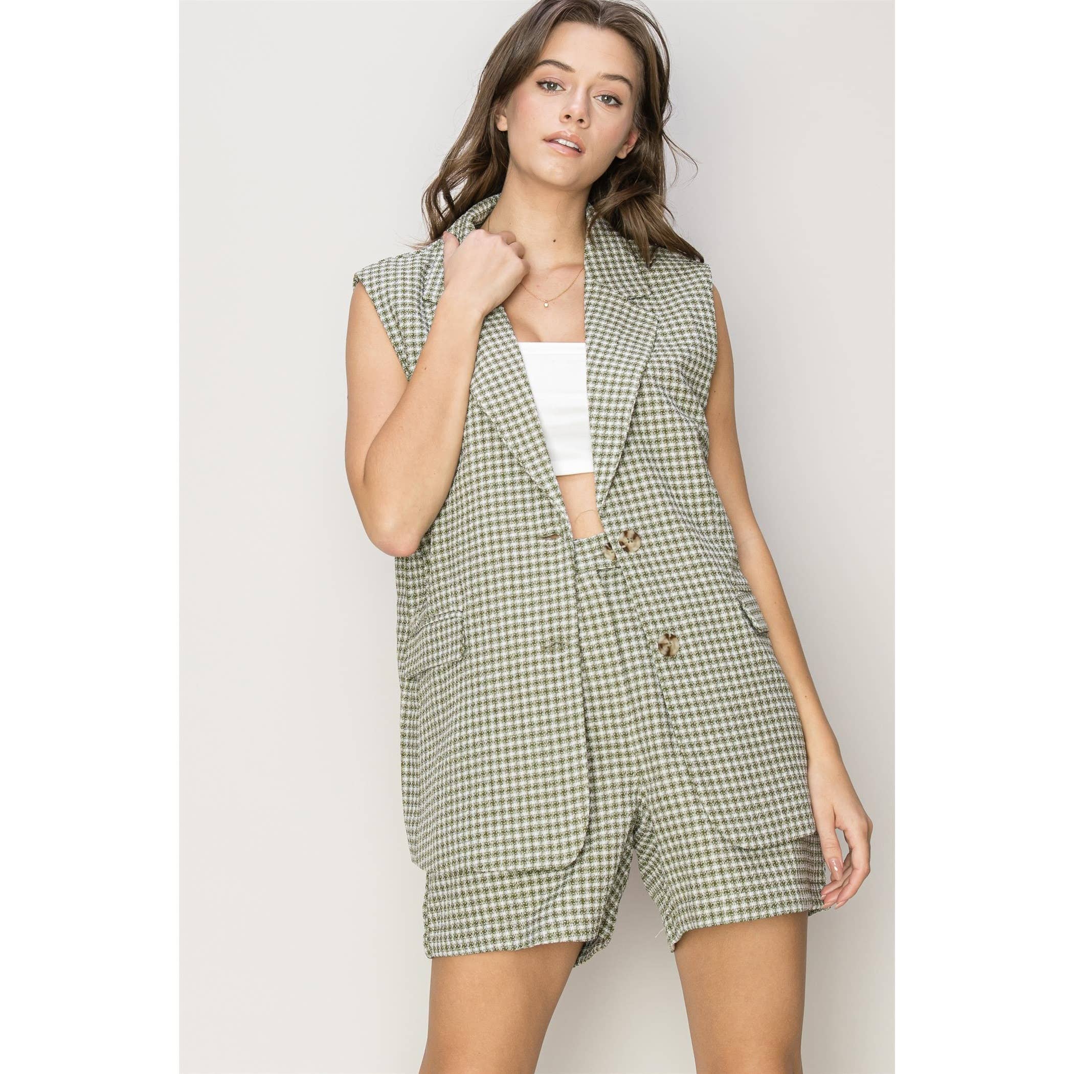OLIVE PLAID VEST AND SHORTS TWO-PIECE SET