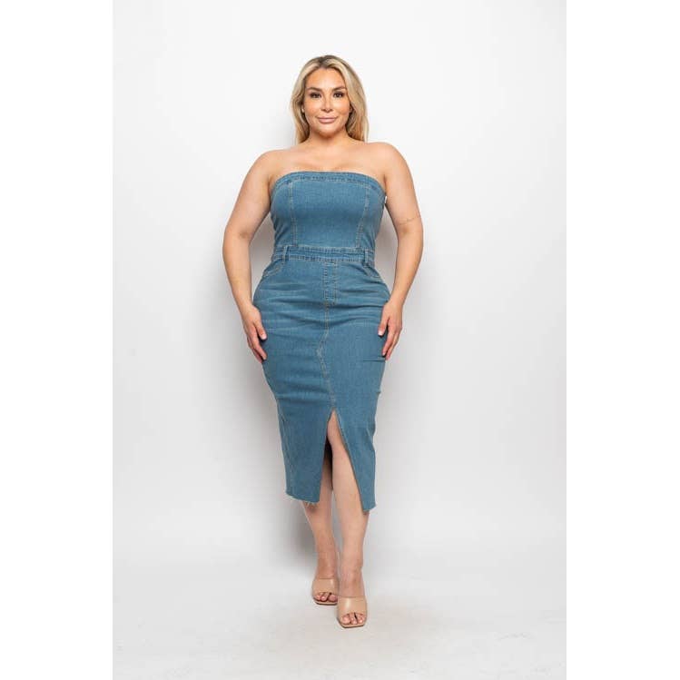 PLUS SIZE DENIM FRONT SLIT BODYCON TUBE DRESS