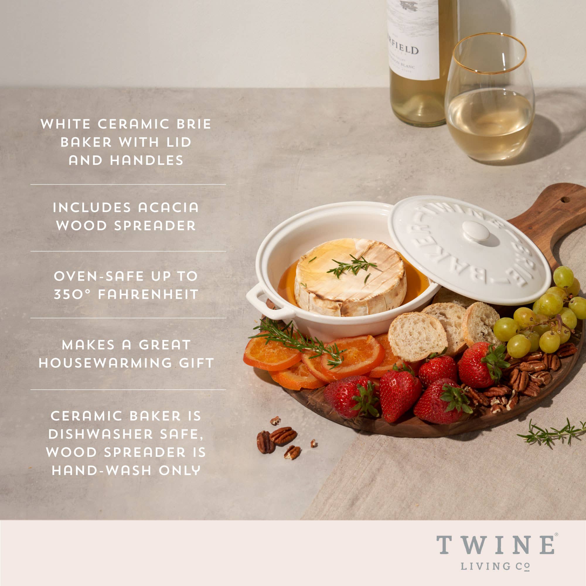 White Ceramic Brie Baker & Lid w/ Acacia Spreader