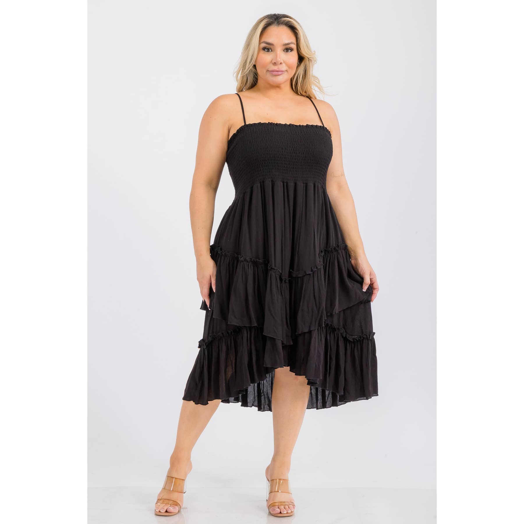 PLUS SIZE SQUARE NECK SMOCKED BODICE TIERED RUFFLE HEM MIDI