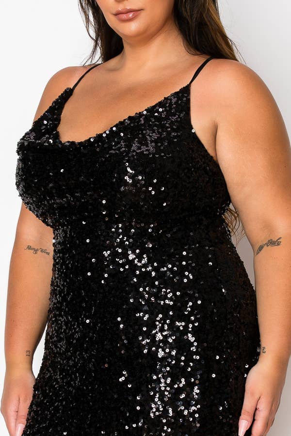 PLUS WOMEN'S ALLOVER SEQUIN COWL NECK MIDI BODYCON DRESS