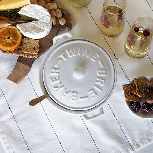White Ceramic Brie Baker & Lid w/ Acacia Spreader