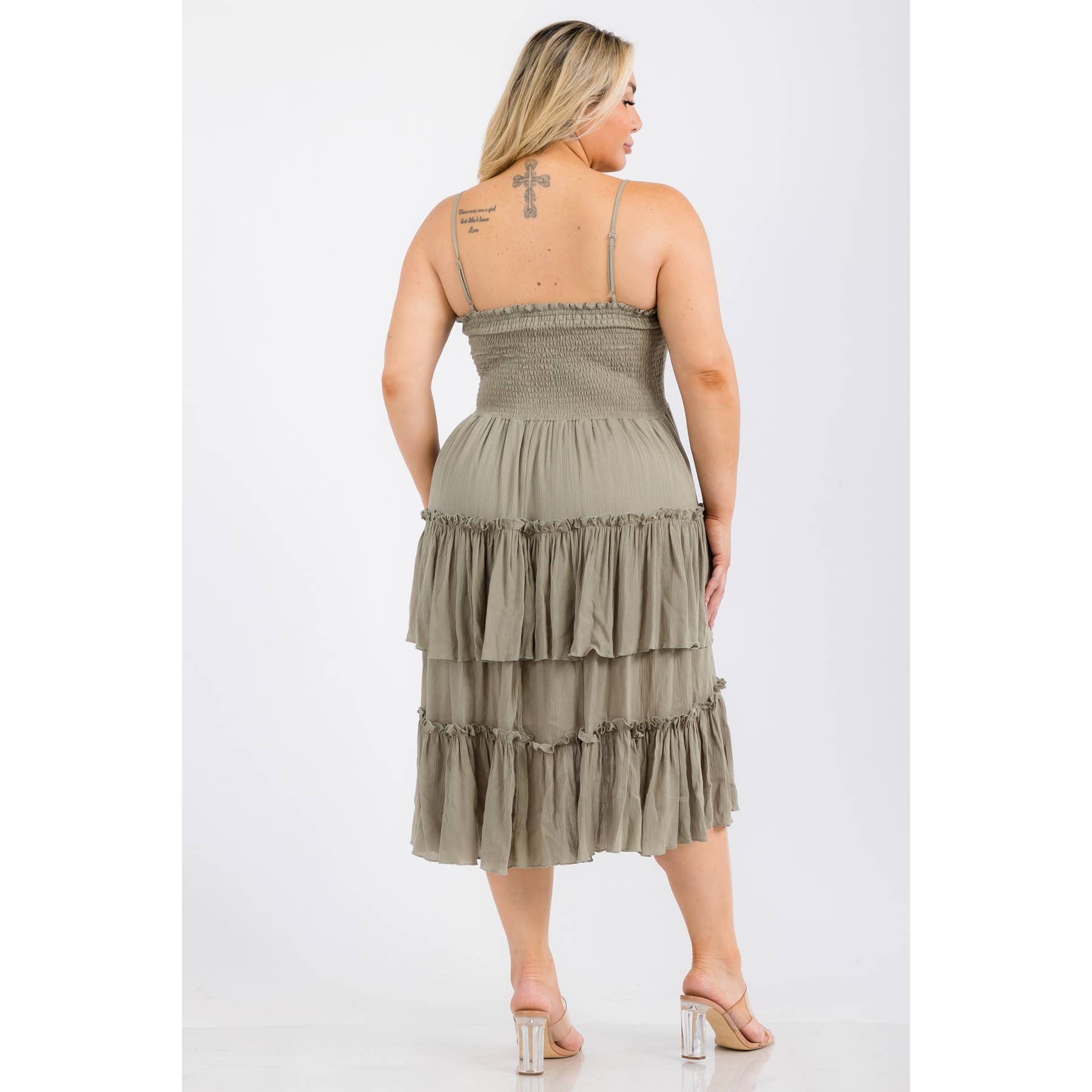 PLUS SIZE SQUARE NECK SMOCKED BODICE TIERED RUFFLE HEM MIDI