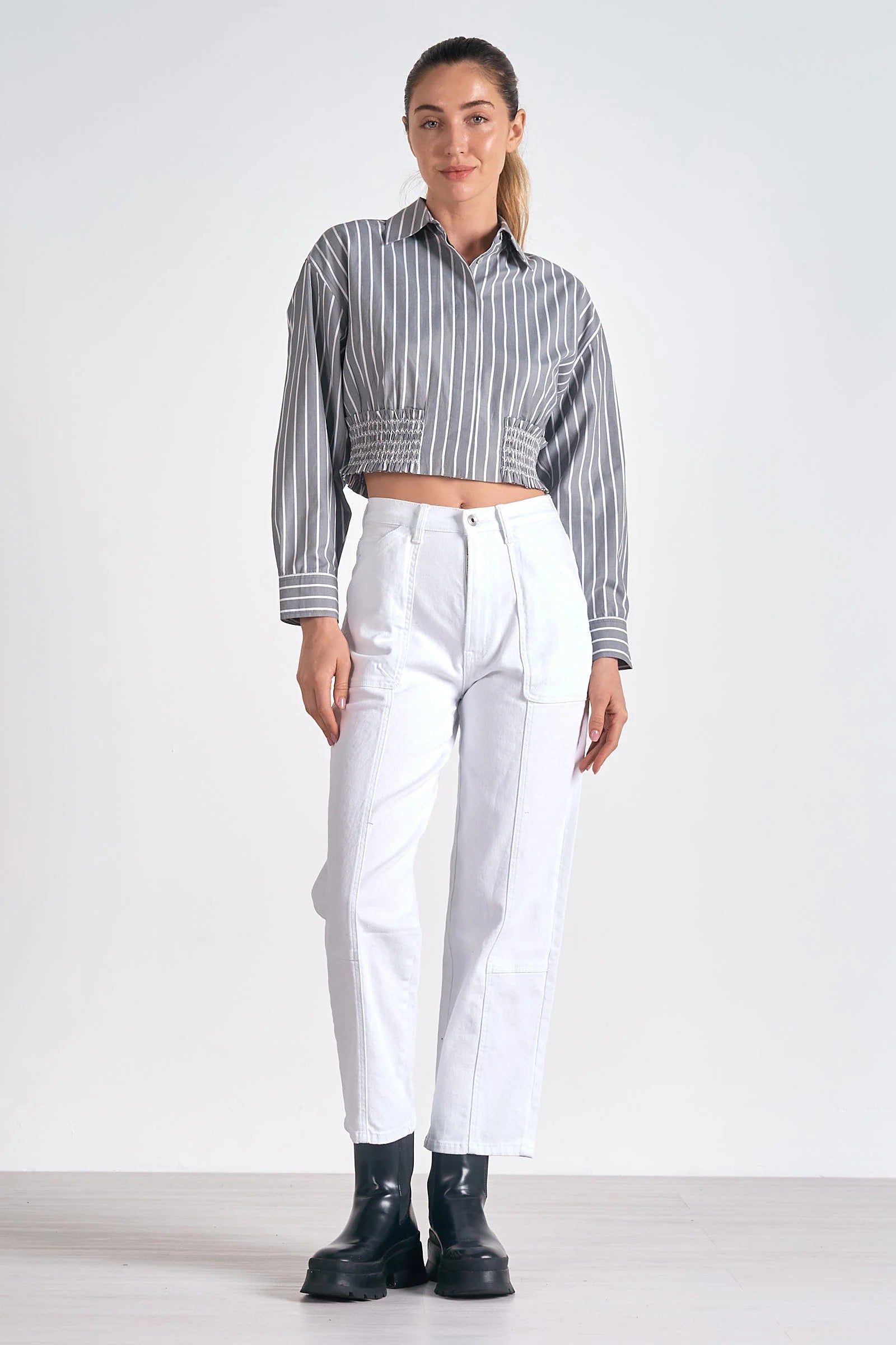 Grey White Stripe Button Down Cinch Waste Crop