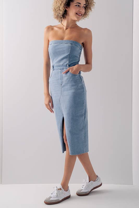 STRAPLESS DENIM MIDI DRESS