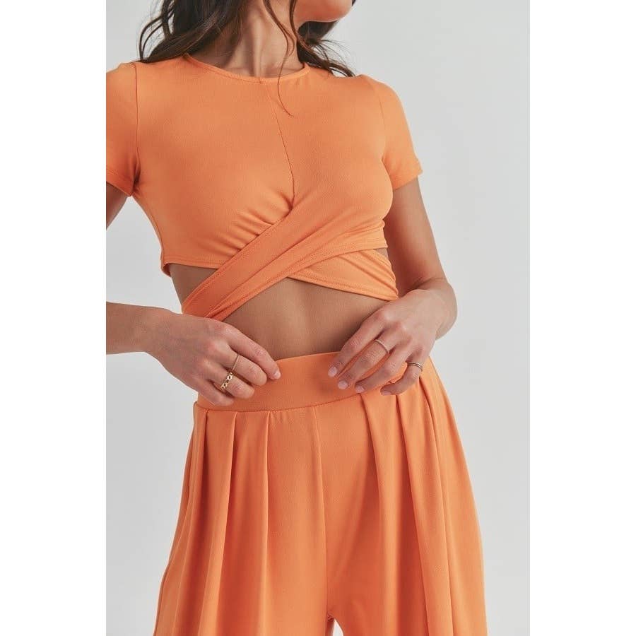 SHORT SLEEVE TIE BACK CROP TOP AND WIDE LEG LONG PANT SET