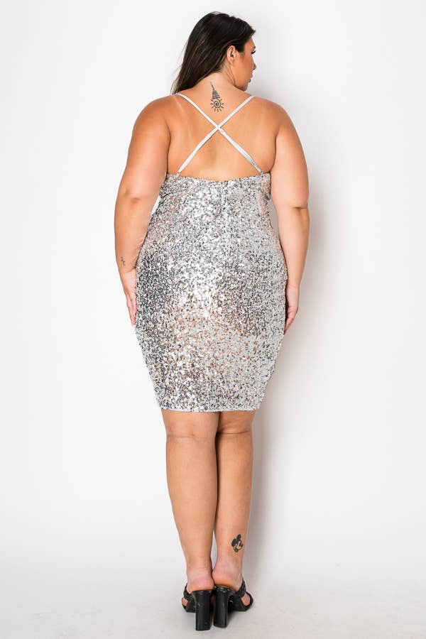 PLUS WOMEN'S ALLOVER SEQUIN COWL NECK MIDI BODYCON DRESS
