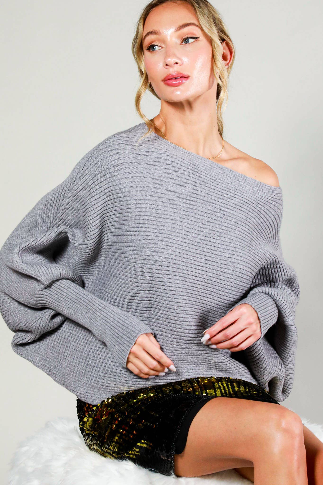 Boat Neck Elegant Ribbed Knitted Solid Loose Sweater
