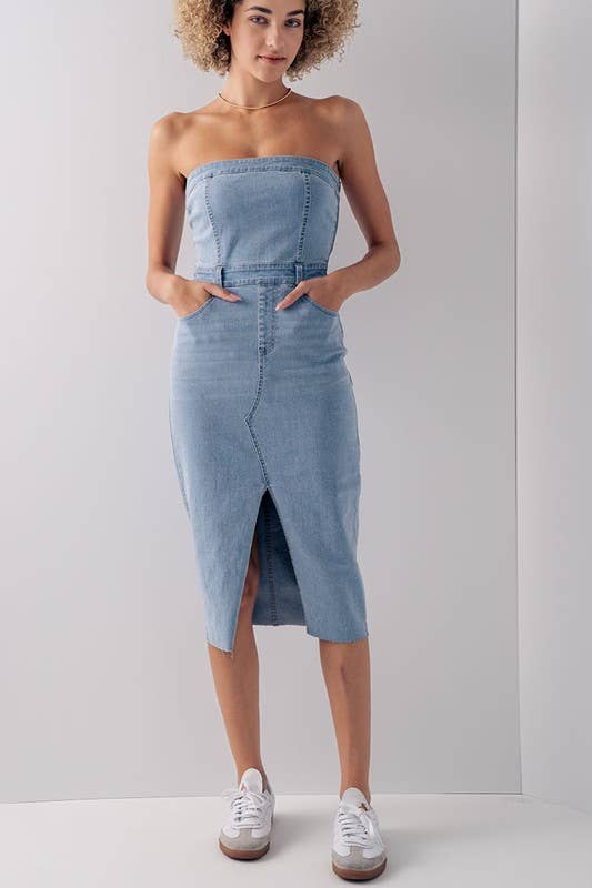STRAPLESS DENIM MIDI DRESS