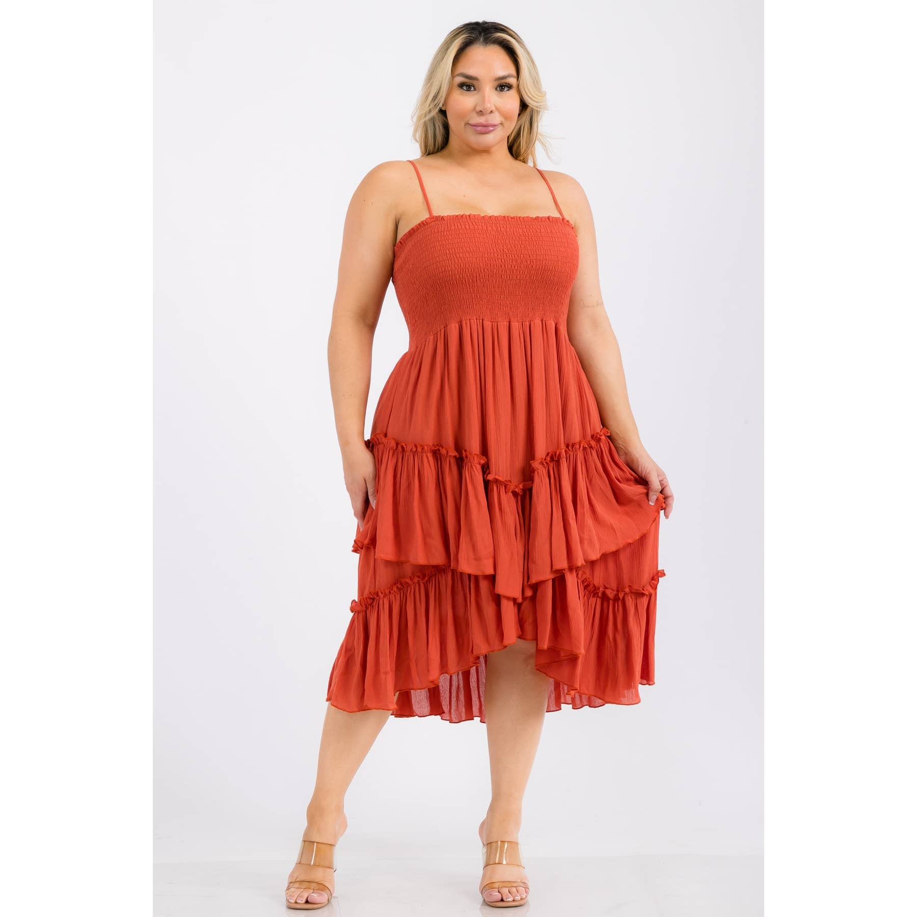 PLUS SIZE SQUARE NECK SMOCKED BODICE TIERED RUFFLE HEM MIDI