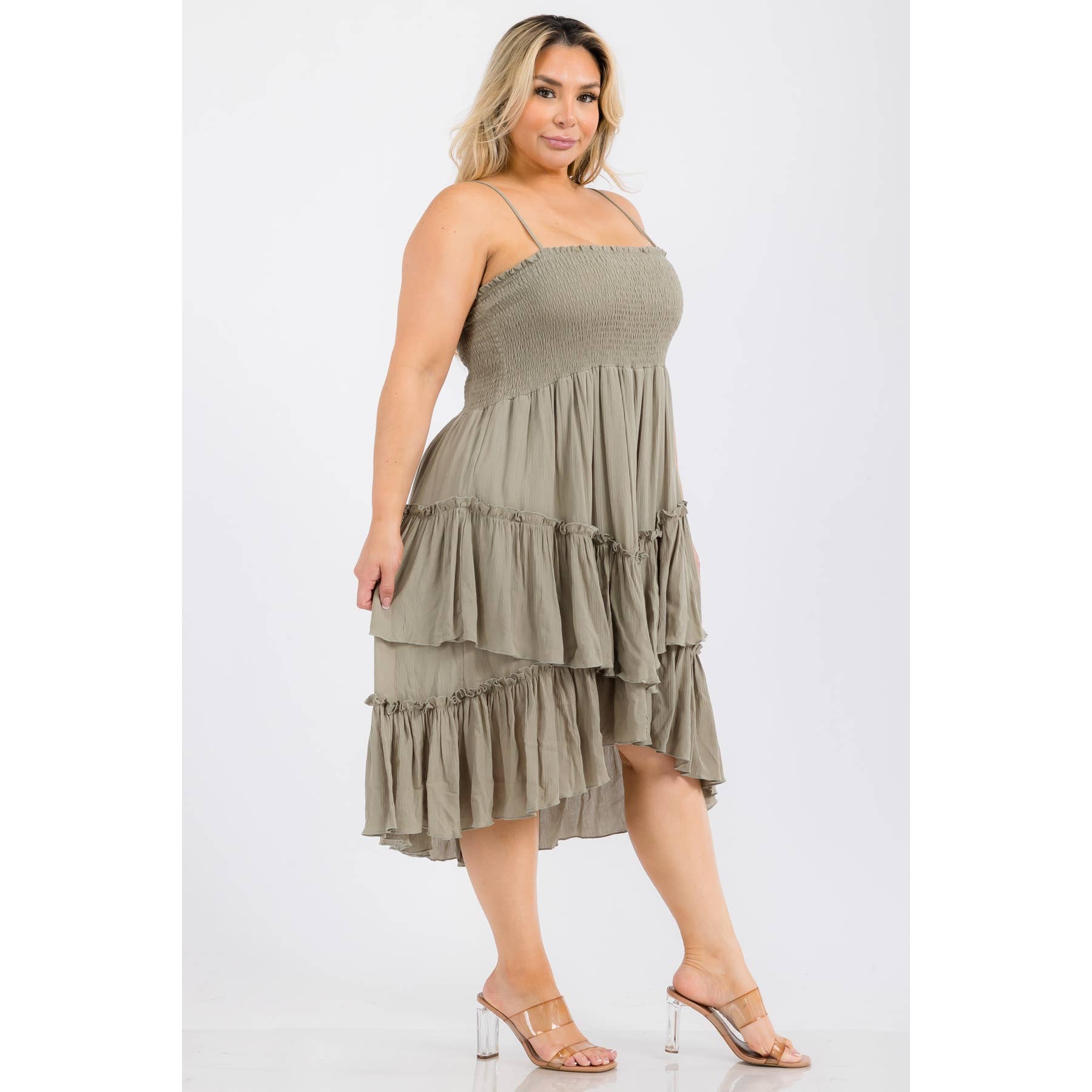 PLUS SIZE SQUARE NECK SMOCKED BODICE TIERED RUFFLE HEM MIDI