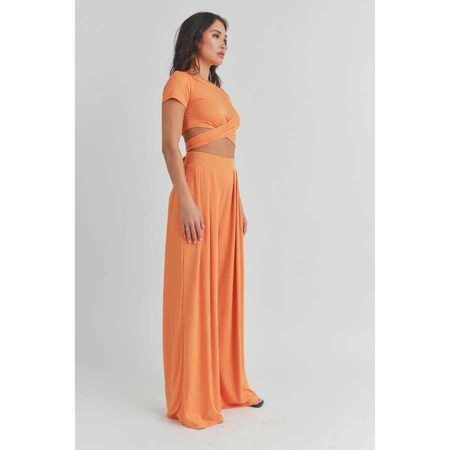SHORT SLEEVE TIE BACK CROP TOP AND WIDE LEG LONG PANT SET