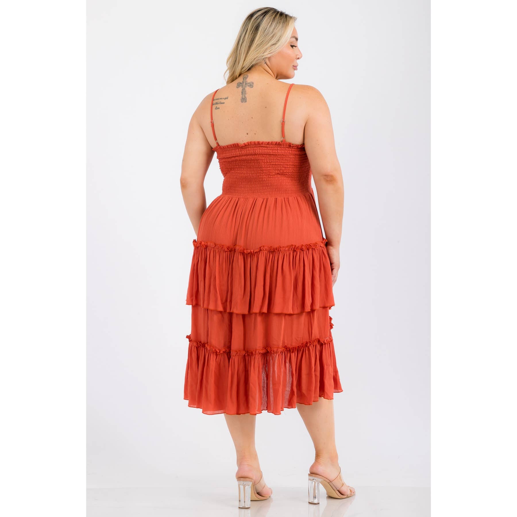 PLUS SIZE SQUARE NECK SMOCKED BODICE TIERED RUFFLE HEM MIDI