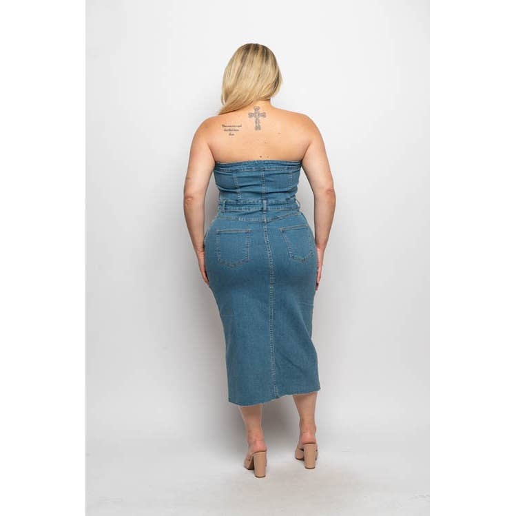 PLUS SIZE DENIM FRONT SLIT BODYCON TUBE DRESS