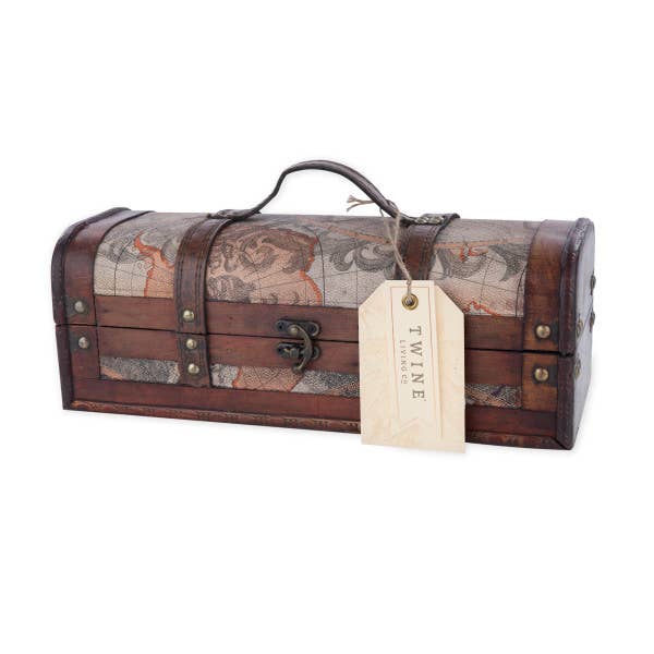 1-Bottle Old World Wood Wine Trunk w/ Faux Leather Handle
