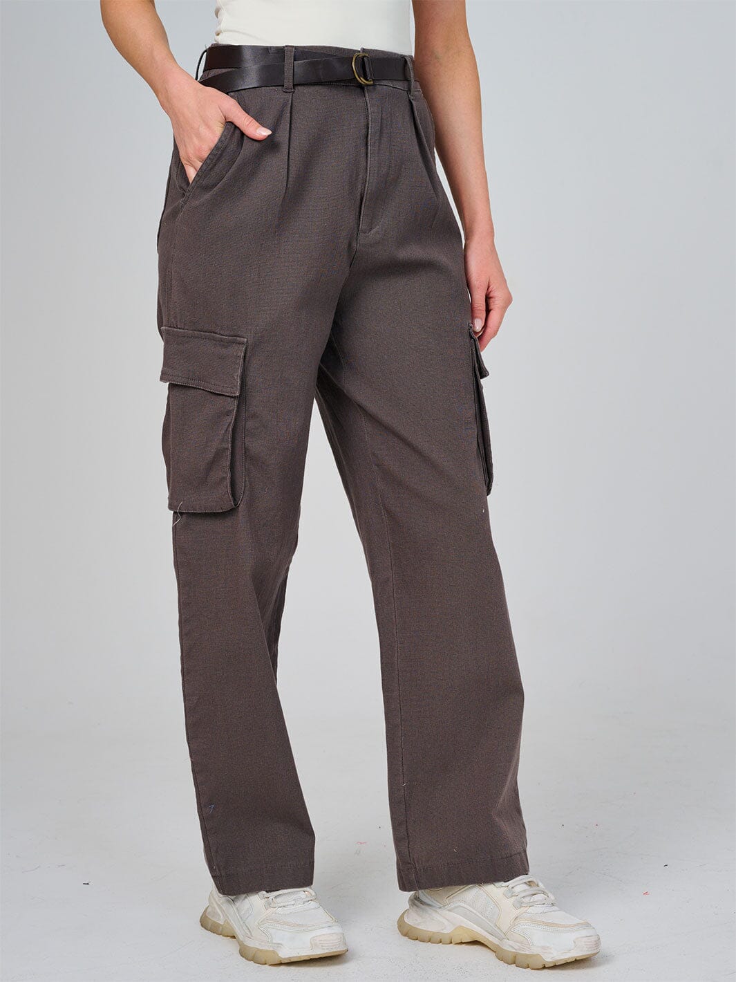 BUTTON CLOSURE POCKETS BELTED WIDE LEG DENIM PANTS