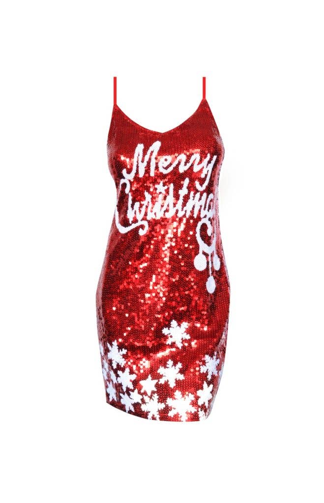 Red Sequin Merry Christmas Dress
