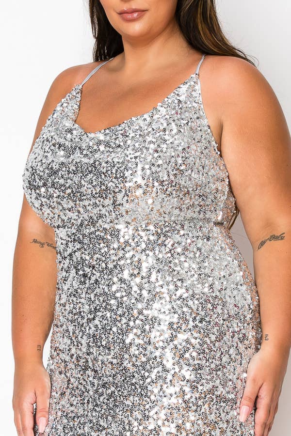 PLUS WOMEN'S ALLOVER SEQUIN COWL NECK MIDI BODYCON DRESS