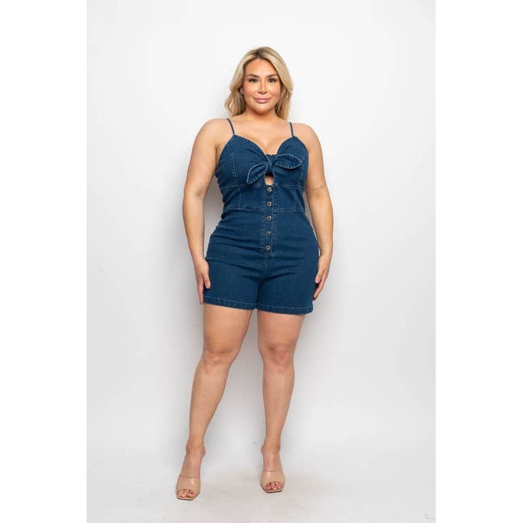 PLUS SIZE DENIM SWEETHEART NECK TIE FRONT DETAIL BUTTON DOWN