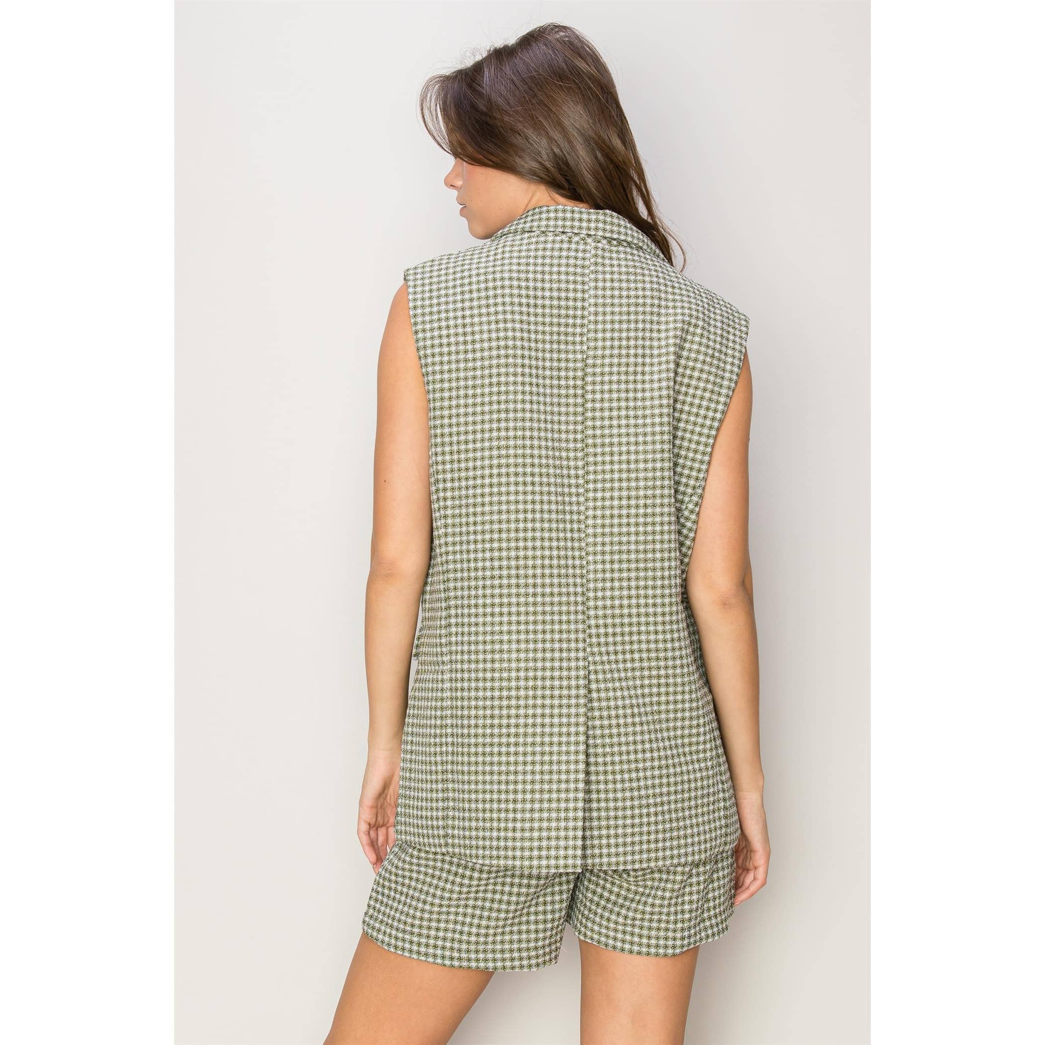 OLIVE PLAID VEST AND SHORTS TWO-PIECE SET