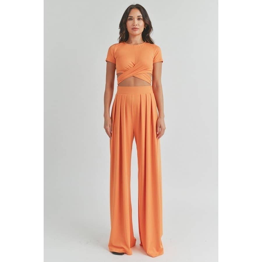 SHORT SLEEVE TIE BACK CROP TOP AND WIDE LEG LONG PANT SET