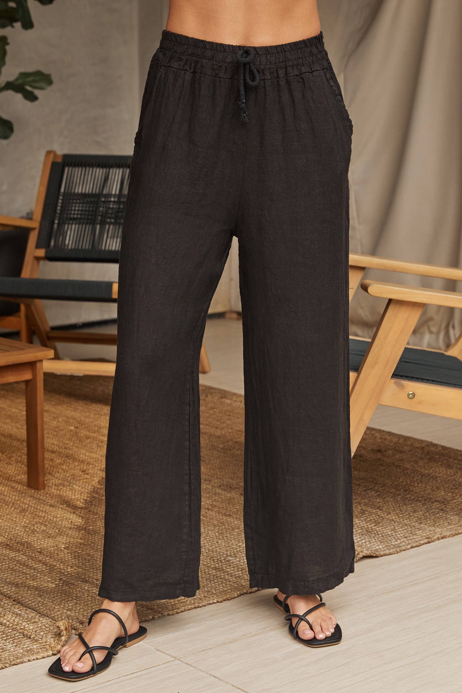 BLACK ITALIAN LINEN DRAWSTRING PANTS WITH POCKETS