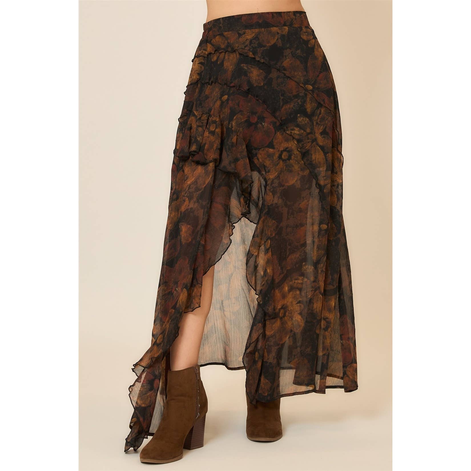 PLUS SIZE FLORAL REVERSE SEAM DETAIL MAXI SKIRT