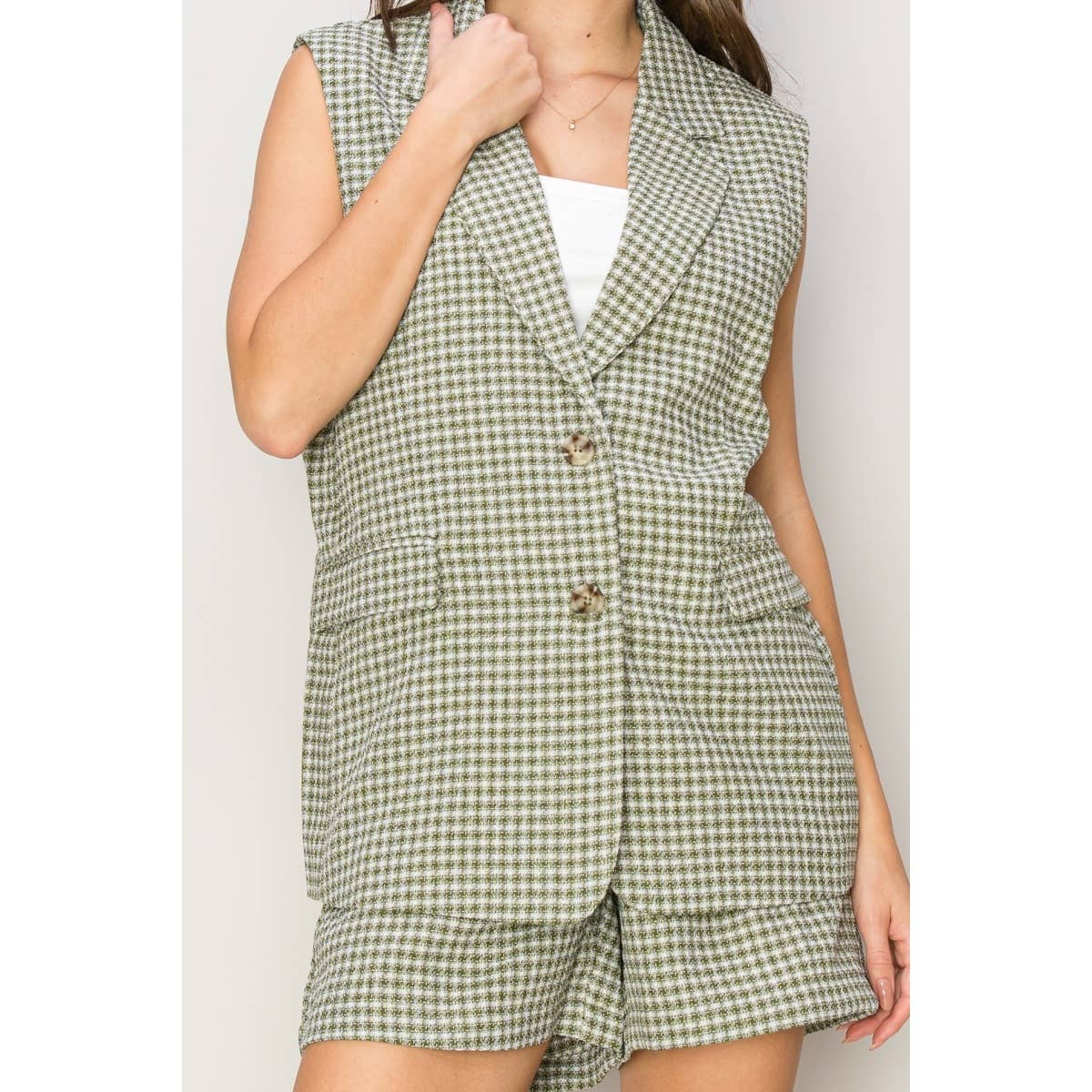 OLIVE PLAID VEST AND SHORTS TWO-PIECE SET
