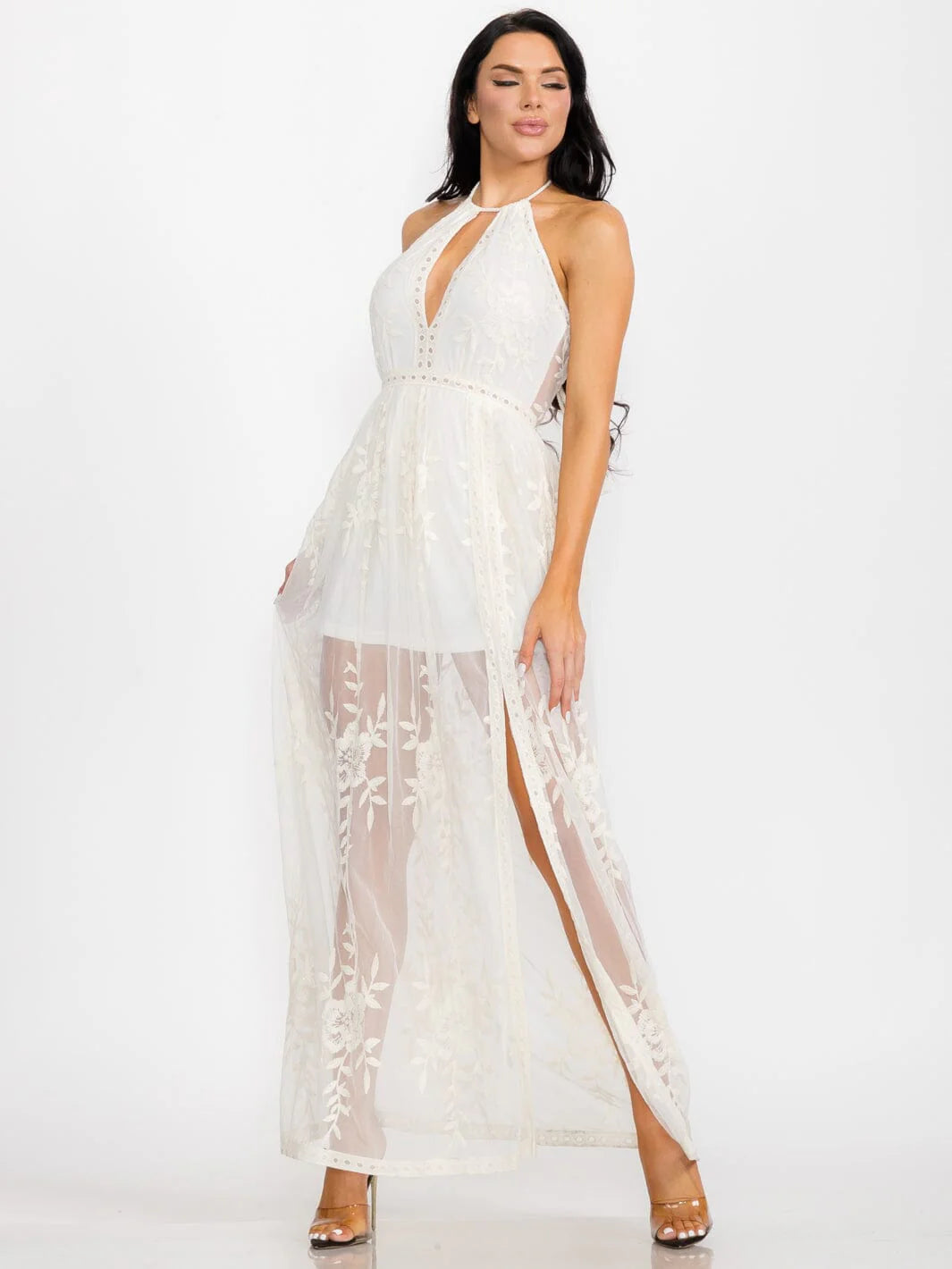 HALTER NECK ALL OVER LACE MAXI DRESS