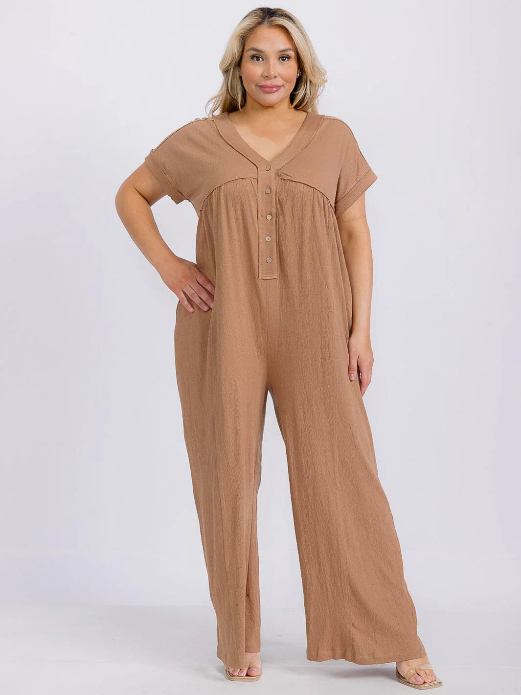 PLUS SIZE SHORT SLEEVE V-NECK BUTTON UP FRONT POCKETS WIDE LEG JUMPSUIT
