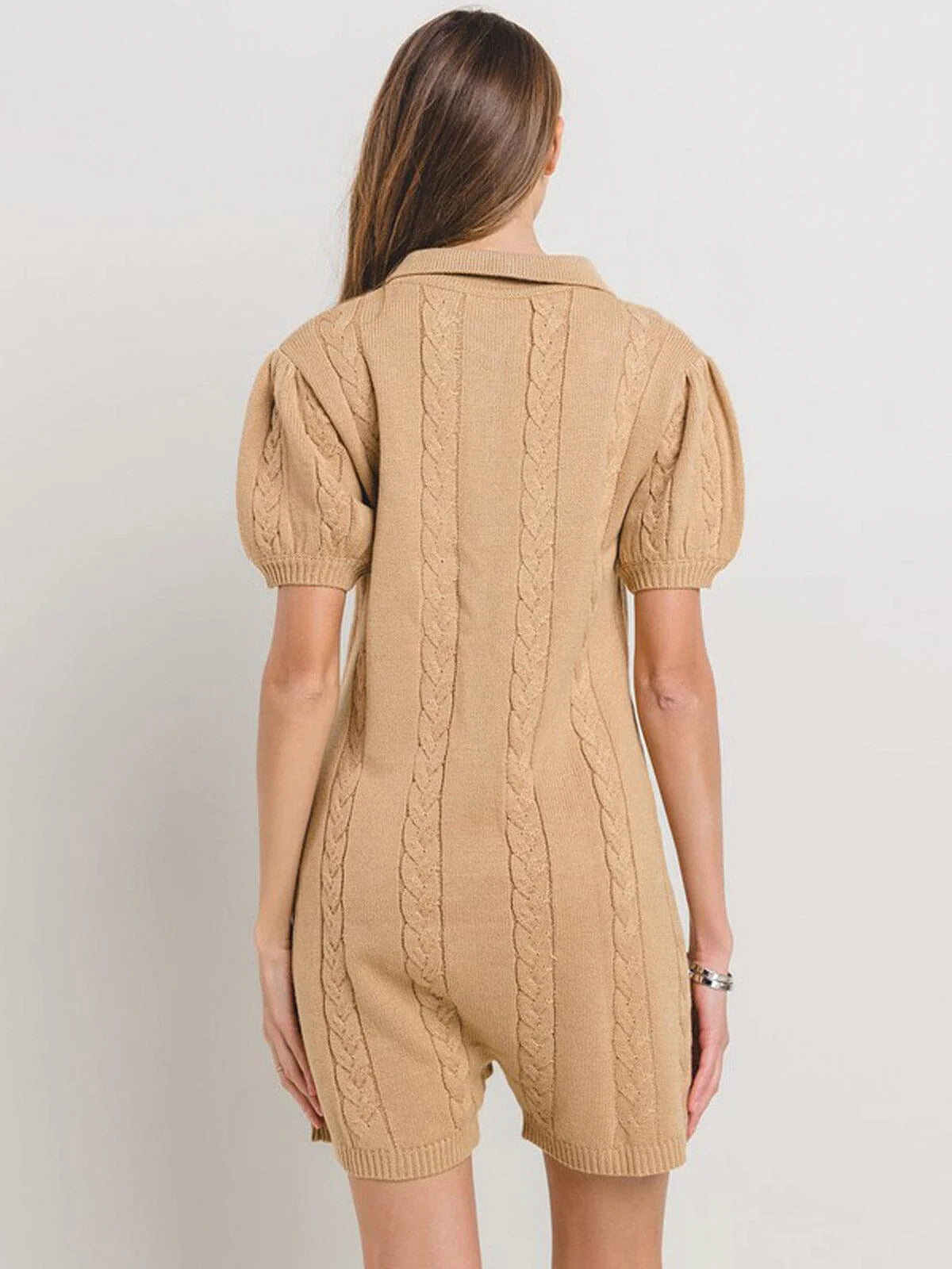 WOMEN'S SHORT SLEEVE BUTTON UP POCKETS CABLE KNIT ROMPER