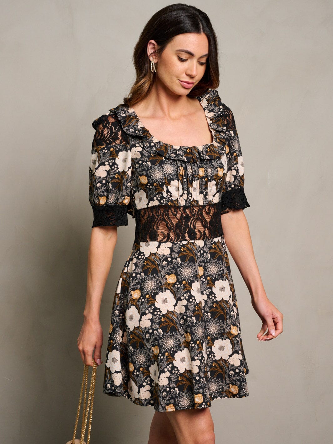 Women's Black Short Sleeve Square Neck Floral Open Back Mini Dress
