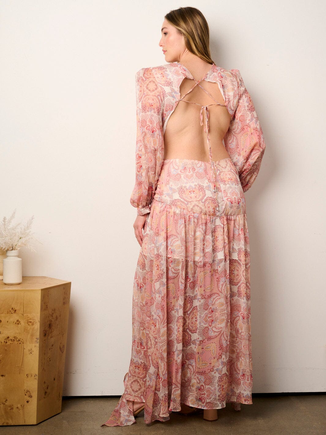 Plus Sized Long Sleeve V-Neck Open Back Multi Print Maxi Dress
