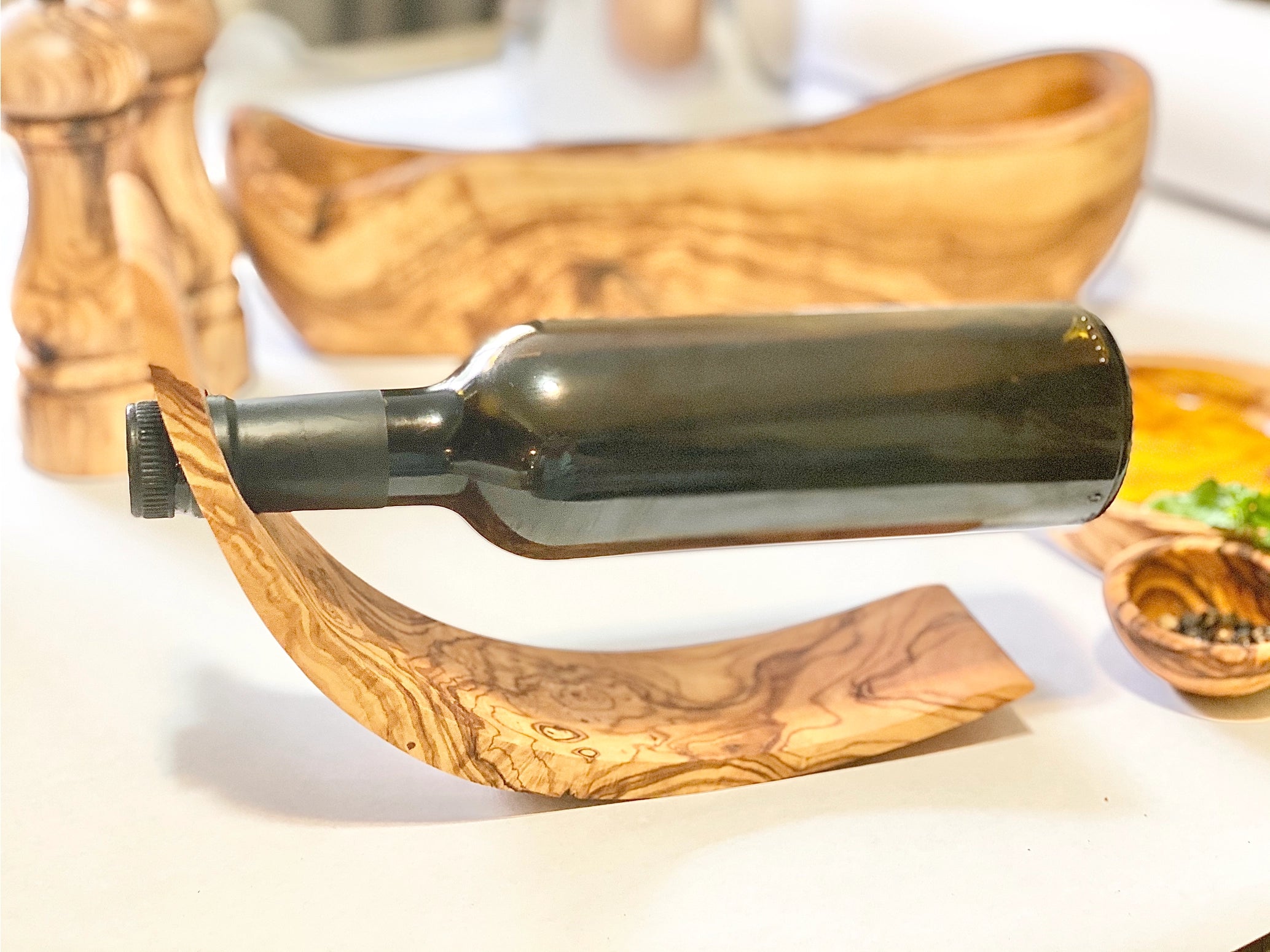 Olive Wood Crescent Bottle Holder