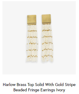 Ink + Alloy - Harlow Brass Top Solid With Gold Stripe Beaded Fringe Earrings - Ivory