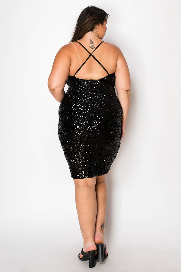 PLUS WOMEN'S ALLOVER SEQUIN COWL NECK MIDI BODYCON DRESS