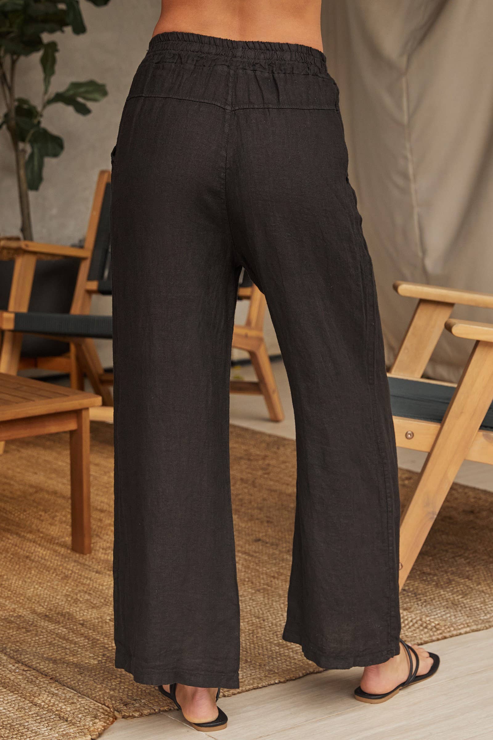 BLACK ITALIAN LINEN DRAWSTRING PANTS WITH POCKETS