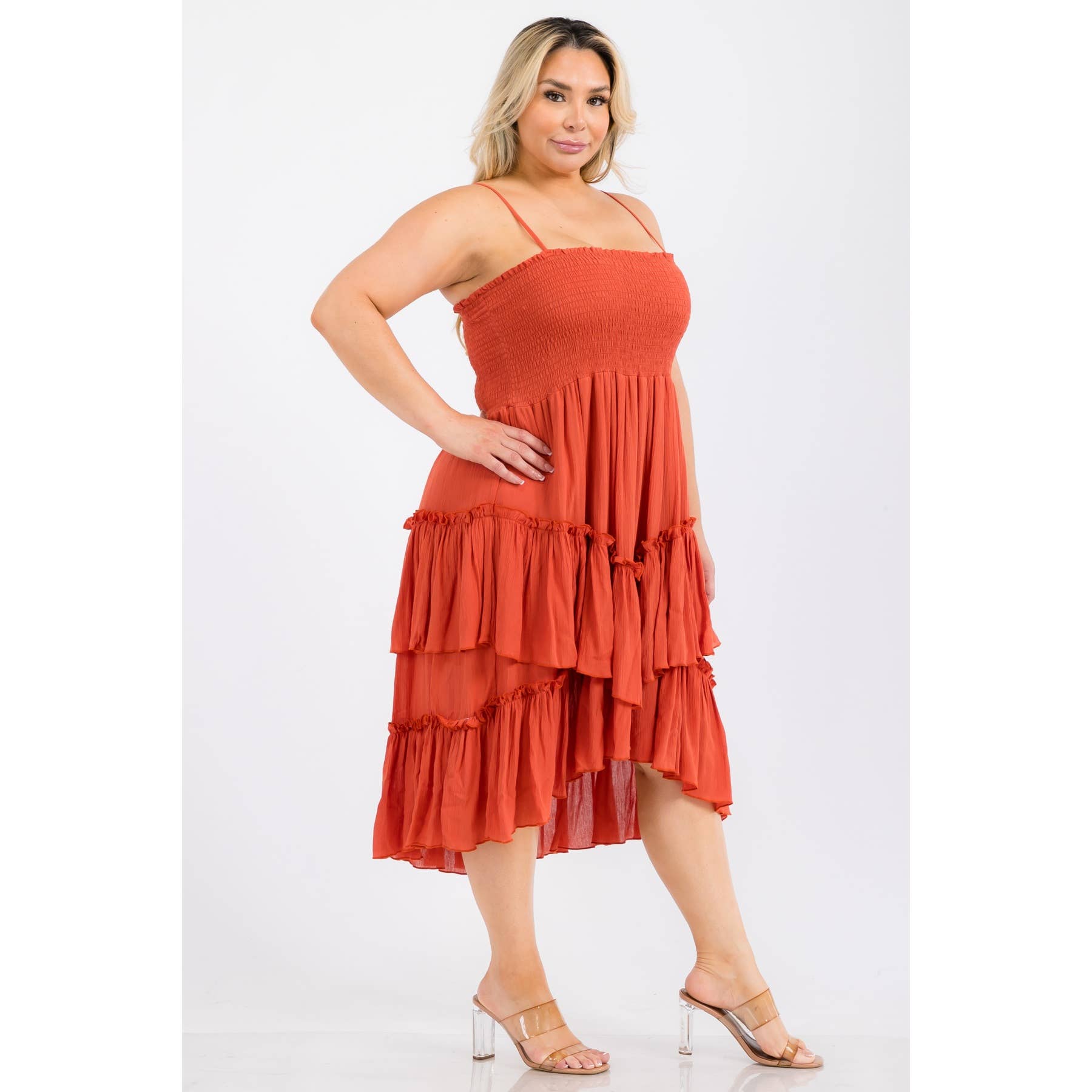 PLUS SIZE SQUARE NECK SMOCKED BODICE TIERED RUFFLE HEM MIDI