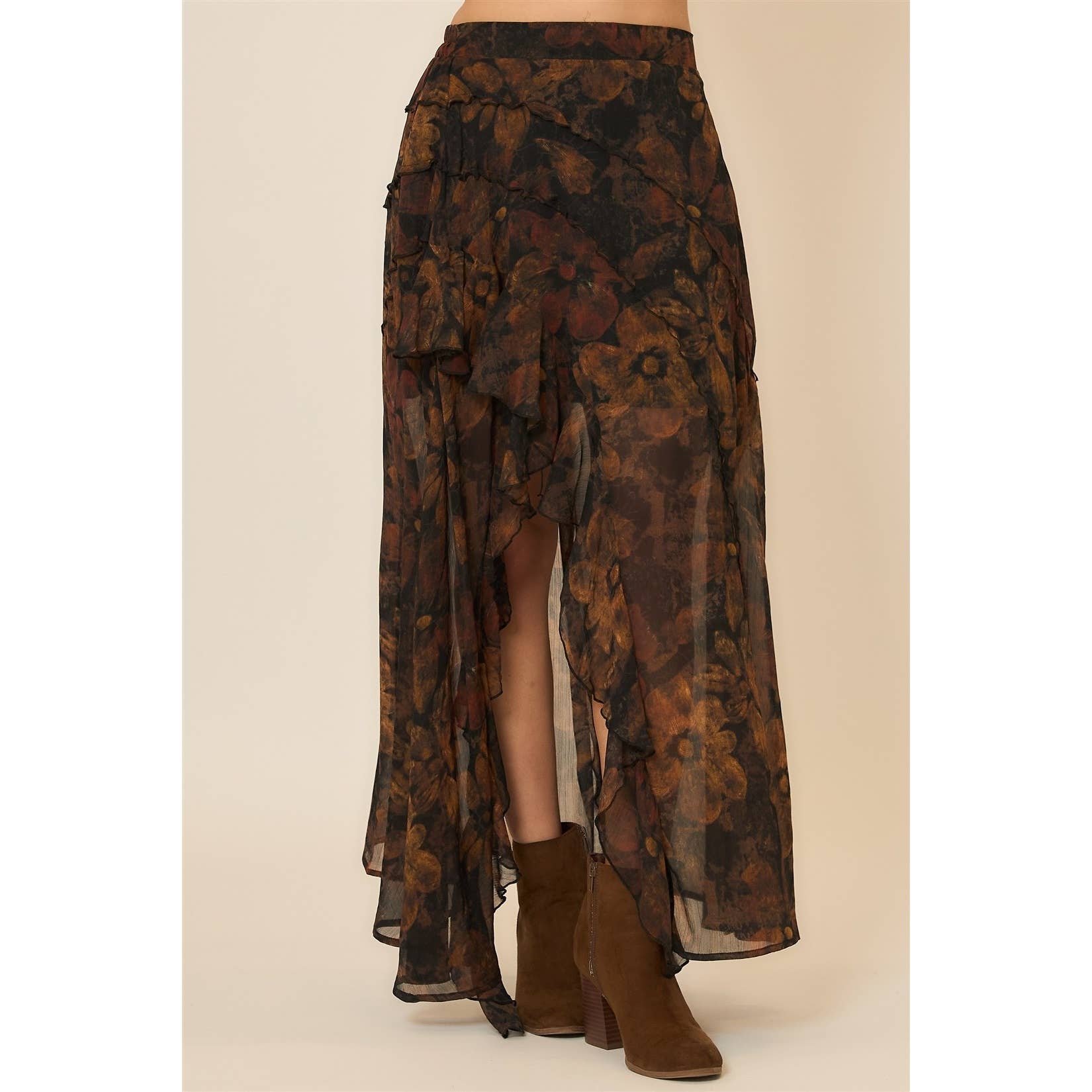 PLUS SIZE FLORAL REVERSE SEAM DETAIL MAXI SKIRT