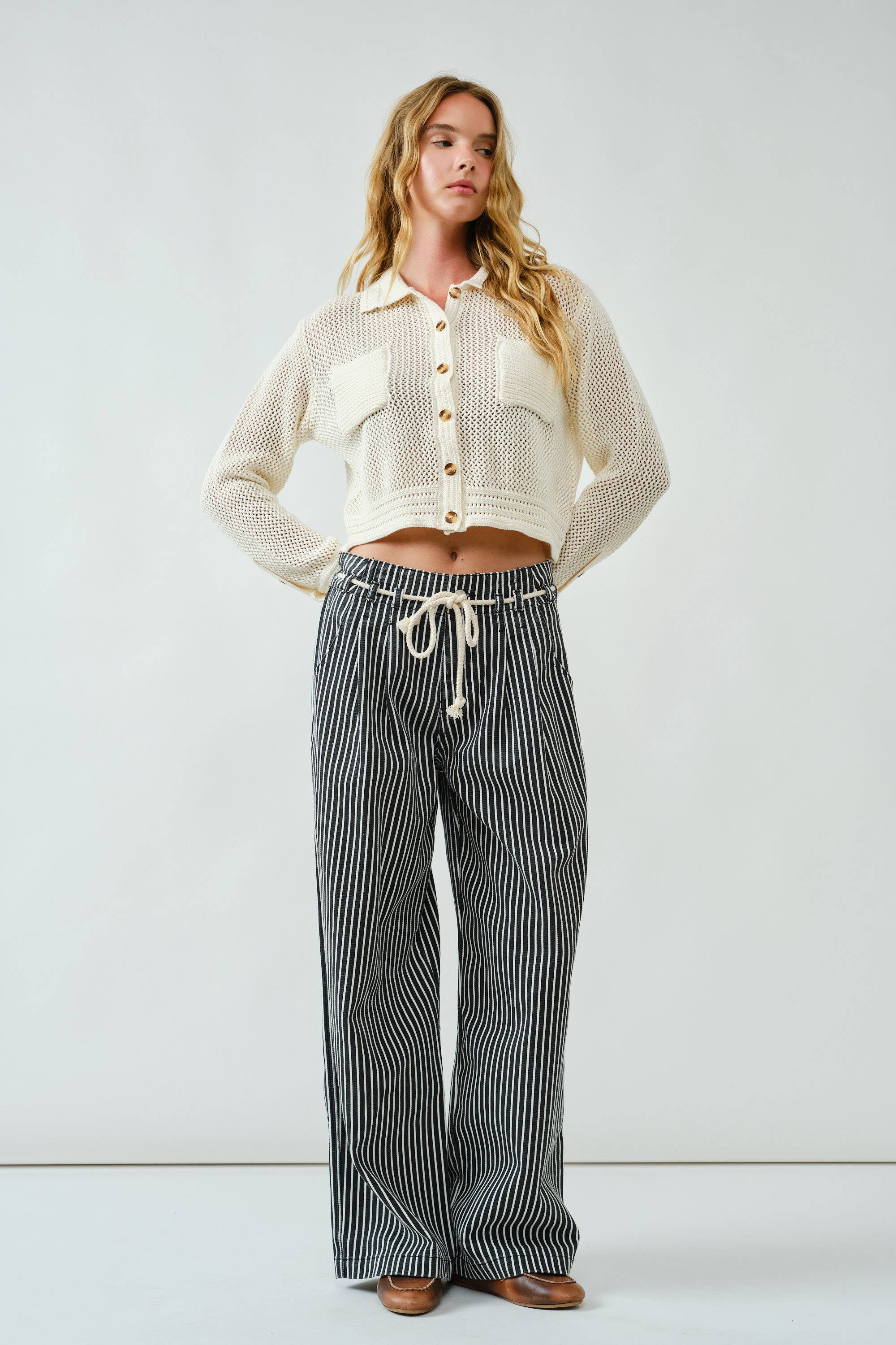 STRIPE WIDE LEG PANTS WITH ROPE BELT