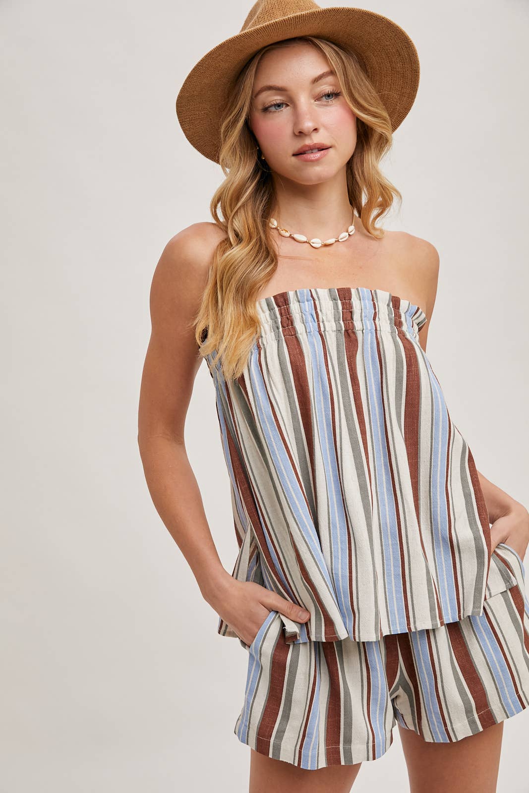 CORFU STRIPED SLEEVELESS SMOCKED TOP & SHORTS SET