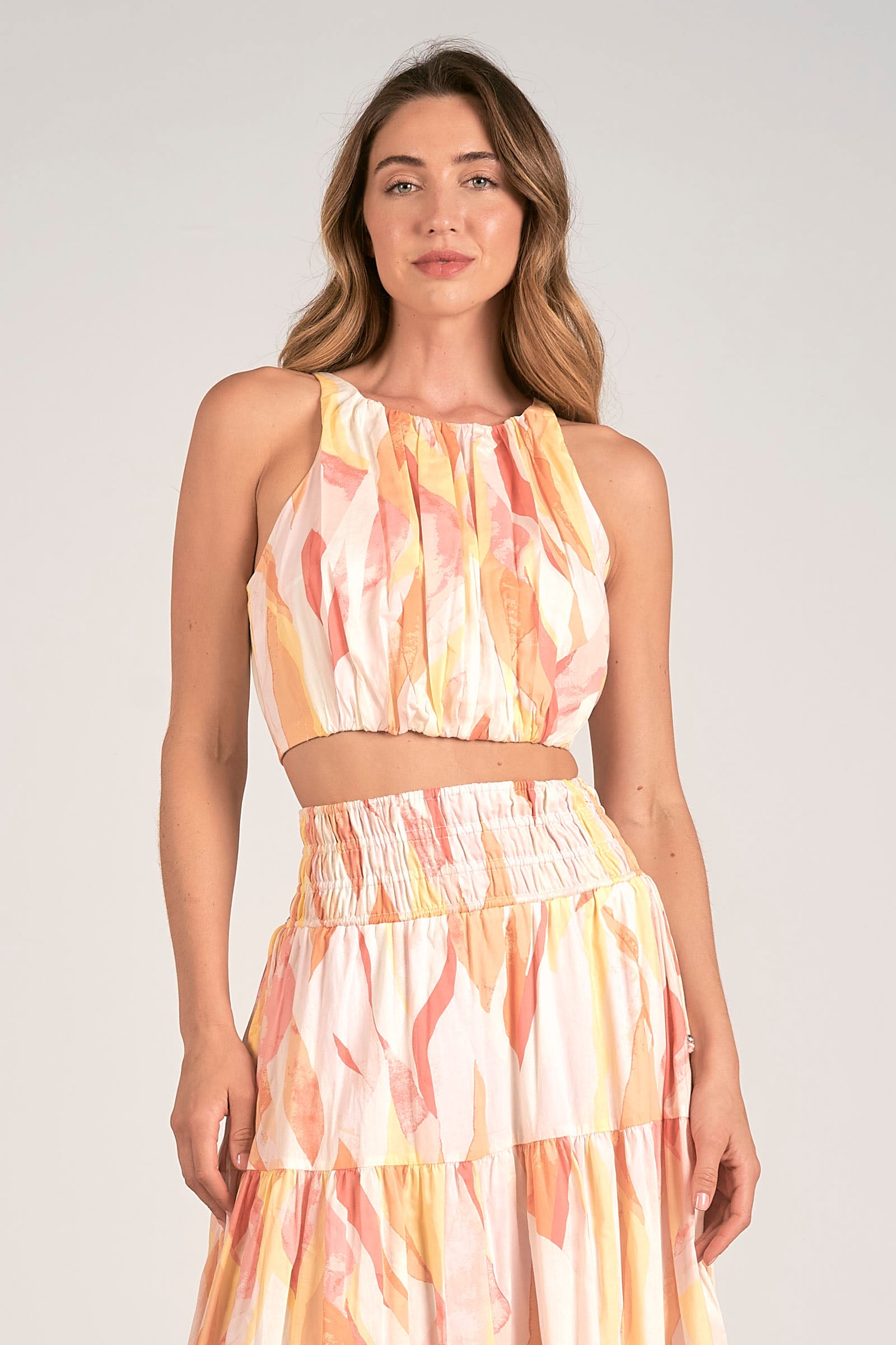 CORAL PRINT AMALFI PRINT HALTER TOP AND MIDI SMOCK SKIRT - 2PC SET
