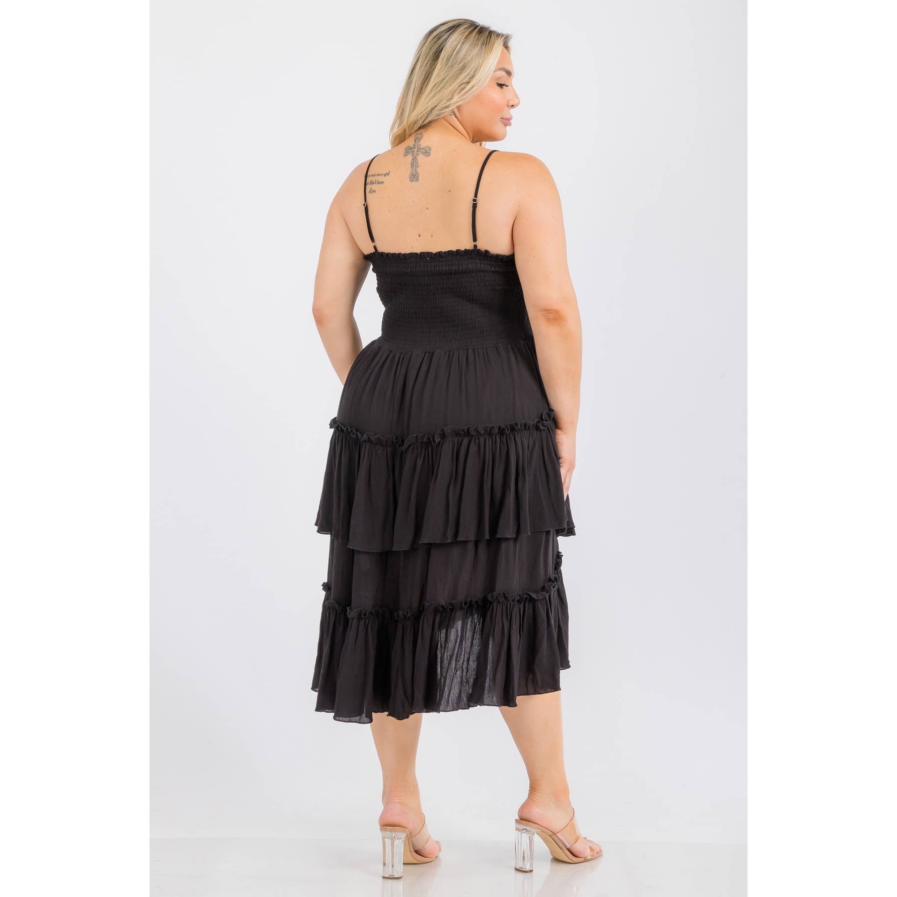PLUS SIZE SQUARE NECK SMOCKED BODICE TIERED RUFFLE HEM MIDI