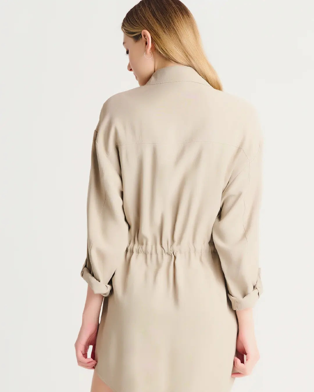 Comfy and cute? Yes, please! This button down utility dress with collar and drawstring waist is perfect for the cooler temps. You can even wear open as a jacket. The possibilities are endless!