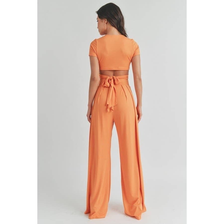 SHORT SLEEVE TIE BACK CROP TOP AND WIDE LEG LONG PANT SET
