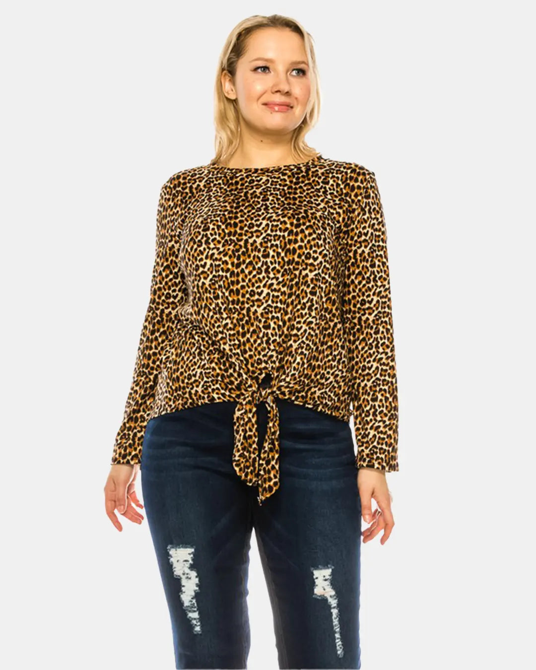 Elevate your style with our Curvy Leopard Animal Print Top, designed for both comfort and trendiness with its front tie and high low hem. Crafted to flatter curves and make a statement, it's the perfect addition to any fashion-forward wardrobe.